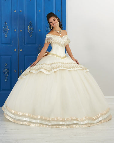 Schulterfreies Kleid mit Spitzenapplikation von House of Wu LA Glitter 24046