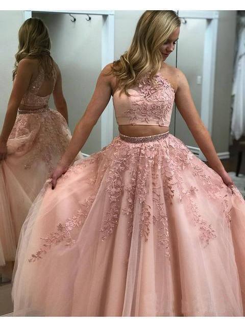 Vestidos de baile de duas peças com aplicações de renda e alças compridas PG727