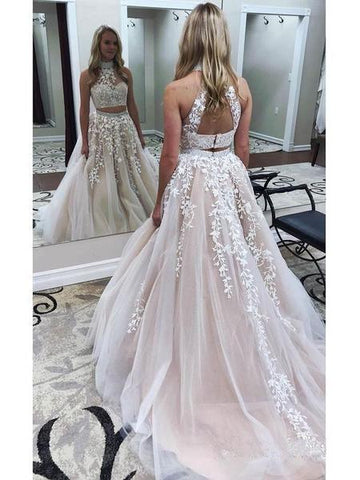 Zweiteiliges Ballkleid mit Spitzenapplikationen, langes Neckholder-Ballkleid PG727