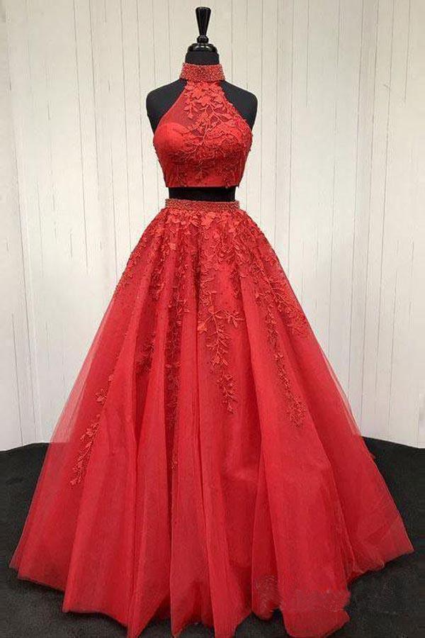 Vestidos de baile de duas peças com aplicações de renda e alças compridas PG727
