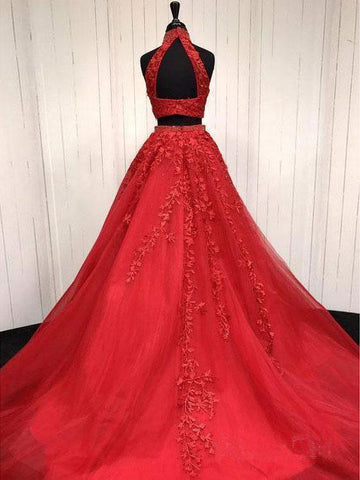 Zweiteiliges Ballkleid mit Spitzenapplikationen, langes Neckholder-Ballkleid PG727