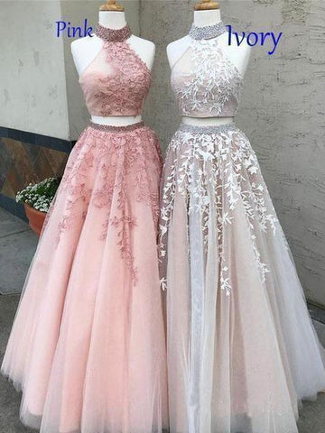 Zweiteiliges Ballkleid mit Spitzenapplikationen, langes Neckholder-Ballkleid PG727