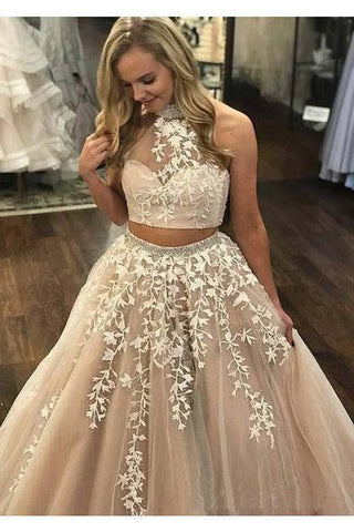 Zweiteiliges Ballkleid mit Spitzenapplikationen, langes Neckholder-Ballkleid PG727