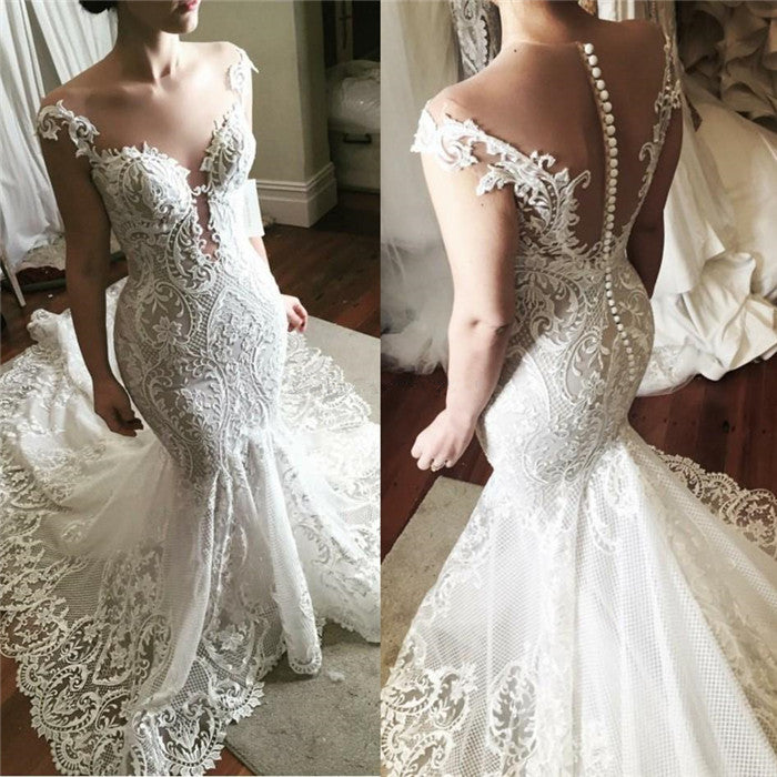 Spitzen Meerjungfrau Brautkleid Glamouröses Durchsichtiges Tüll Brautkleid mit Knöpfen