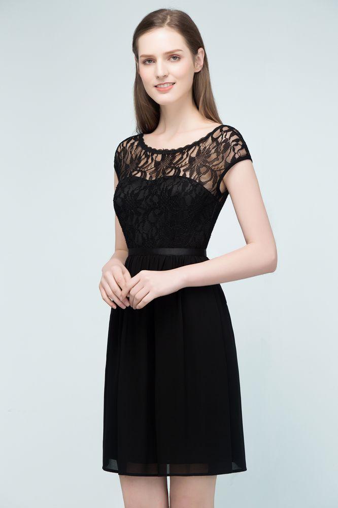 Lace Top Chiffon A-line Short Scoop Bridesmaid Dresses