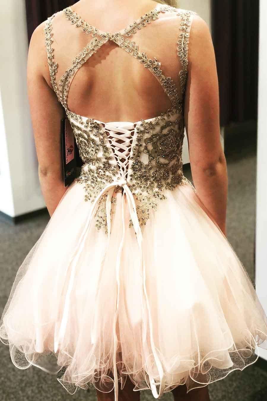 Vestido Corto de Fiesta con Espalda Cruzada y Cuentas Atado con Cordones Vestido de Bienvenida PD306