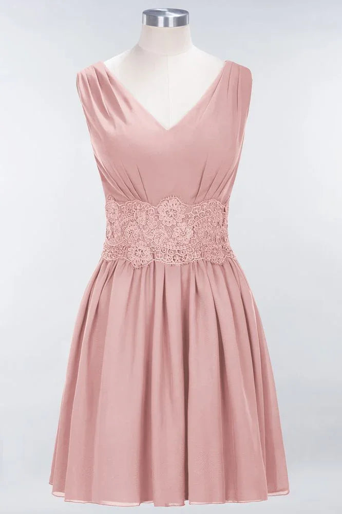 Spitze V-Ausschnitt Ärmelloses Mini-Brautjungfernkleid A-Line Chiffon Homecoming-Kleid