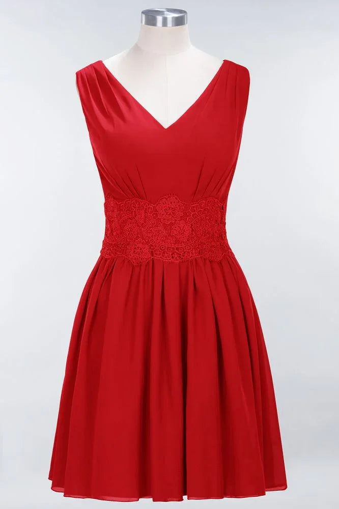 Spitze V-Ausschnitt Ärmelloses Mini-Brautjungfernkleid A-Line Chiffon Homecoming-Kleid
