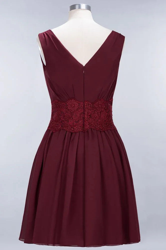 Spitze V-Ausschnitt Ärmelloses Mini-Brautjungfernkleid A-Line Chiffon Homecoming-Kleid