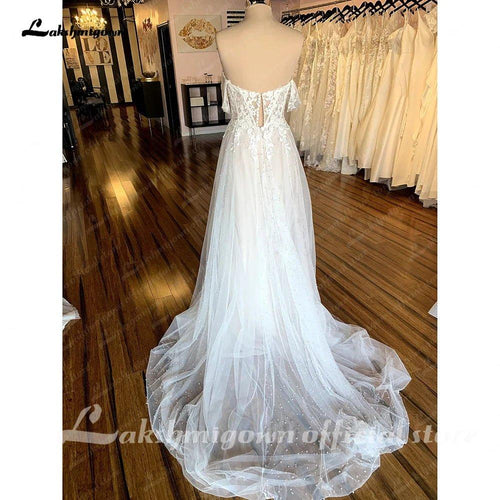 Lakshmigow Abiti da Sposa Boho Champagne Spalla Scoperta Pizzo Vintage Perline Ricamato Abiti da Sposa da Spiaggia Vestido de Novia