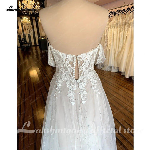 Lakshmigow Boho Brautkleider Champagner Weg Von der Schulter Vintage Spitze Perlen Perlen Strand Brautkleider Vestido de novia 