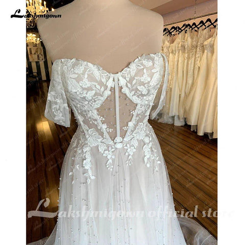 Lakshmigow Boho Brautkleider Champagner Weg Von der Schulter Vintage Spitze Perlen Perlen Strand Brautkleider Vestido de novia 