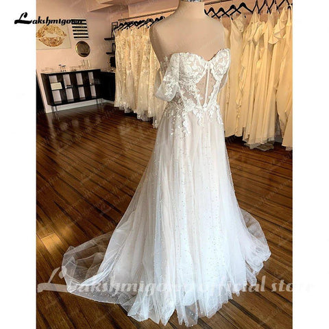 Lakshmigow Boho Brautkleider Champagner Weg Von der Schulter Vintage Spitze Perlen Perlen Strand Brautkleider Vestido de novia 