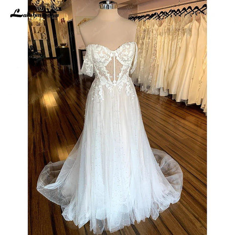Lakshmigow Boho Brautkleider Champagner Weg Von der Schulter Vintage Spitze Perlen Perlen Strand Brautkleider Vestido de novia 
