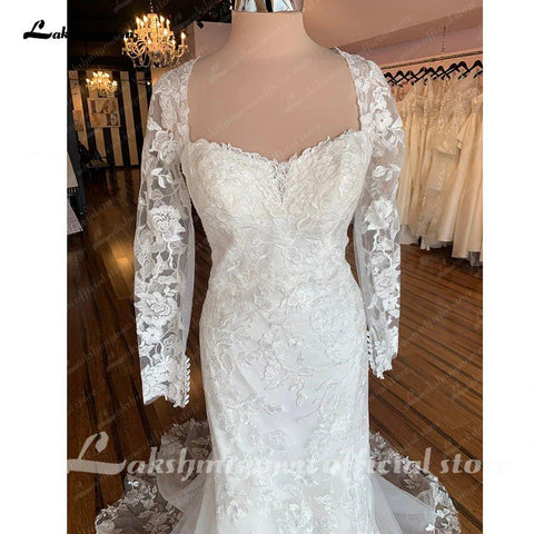 Lakshmigow Langen Ärmeln Spitze Meerjungfrau Hochzeit Kleid 2025 Trouwjurken Vintage Schatz Boho Hochzeit Kleider Vestidos de Nova 