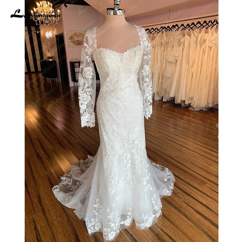 Lakshmigow Langen Ärmeln Spitze Meerjungfrau Hochzeit Kleid 2025 Trouwjurken Vintage Schatz Boho Hochzeit Kleider Vestidos de Nova 