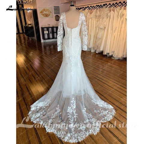 Lakshmigow Langen Ärmeln Spitze Meerjungfrau Hochzeit Kleid 2025 Trouwjurken Vintage Schatz Boho Hochzeit Kleider Vestidos de Nova 