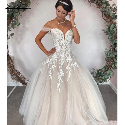 Lakshmigown Abito da Sposa in Pizzo Spalla Scoperta Vestiti Civili Linea A Boho Abiti da Sposa con Strascico 2025 vestiti per donna