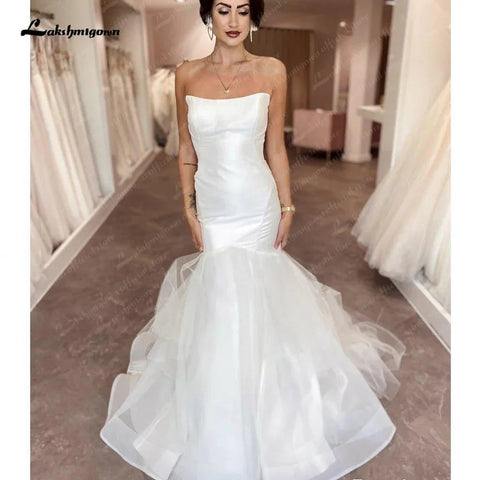 Lakshmigown Trägerloses Meerjungfrau-Organza-Boho-Hochzeitskleid 2025 Off White Ruched Beach Brautkleider Vestidos Para Mujer 