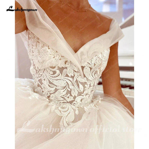 Lakshmigown Vestido de noiva branco com decote em V e renda e manga curta 2025 para mulher Robe de mariee 