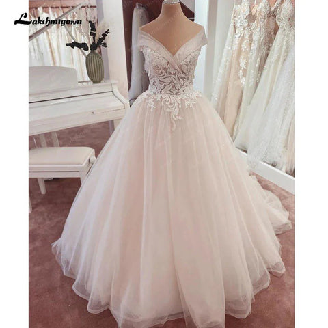 Lakshmigown Vestido de noiva branco com decote em V e renda e manga curta 2025 para mulher Robe de mariee 