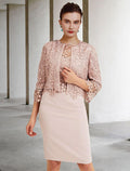 Abito da Sposa per la Madre della Sposa in Due Pezzi, Tipo Fodera/Colonna, Elegante per la Chiesa, Scollo a Gioiello, Lunghezza al Ginocchio, Chiffon e Pizzo, Maniche Corte, Giacca Corta con Balze e Appliques