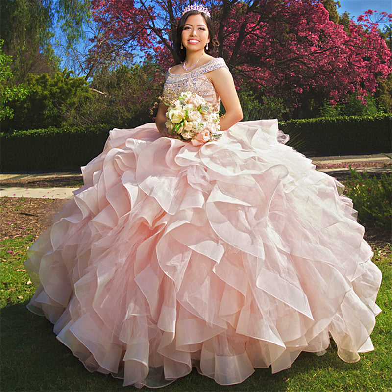 Último vestido longo de baile bateau organza quinceanera