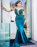 Neuestes langes Meerjungfrau-Ballkleid aus Satin mit Juwelen und Ärmeln