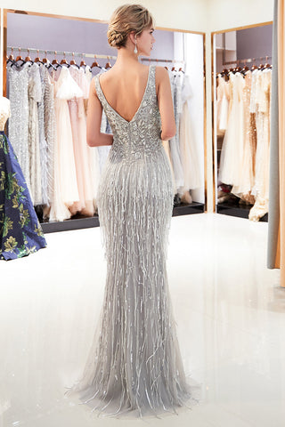 Latest Long Mermaid V neck Beading Fringe Tulle Evening Dress