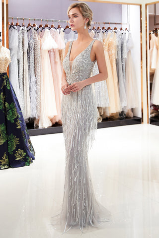 Latest Long Mermaid V neck Beading Fringe Tulle Evening Dress