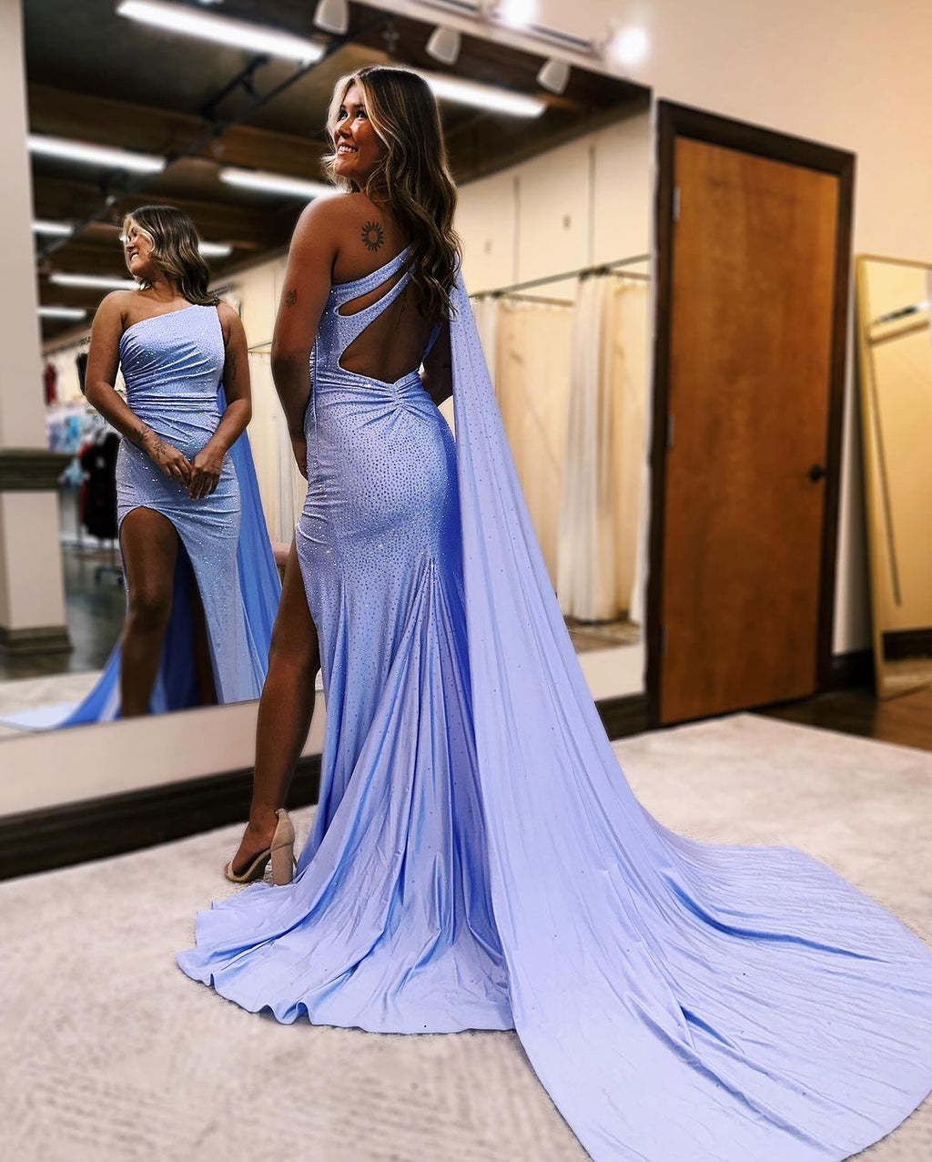 Mermaid Beaded One Shoulder Flutter Sequins Long Evening Dress with Slit