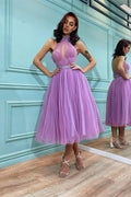 Vestido corto de tul para fiesta de graduación o baile de bienvenida, con cuello alto y corte en A