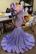 Vestido formal de noche largo de sirena con mangas largas, escote en V, aplicaciones y encaje