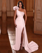 Dark Green Long One Shoulder Beadings Split Mermaid Evening Dress Ruffles