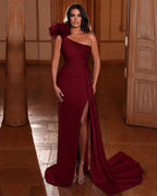 Dark Green Long One Shoulder Beadings Split Mermaid Evening Dress Ruffles