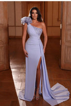 Dark Green Long One Shoulder Beadings Split Mermaid Evening Dress Ruffles