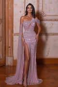 Vestido de Noche Largo de Sirena con un Solo Hombro en Tul y Abalorios con Abertura