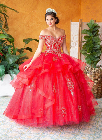 Mehrlagiges schulterfreies Quinceanera-Kleid von Calla KY018383