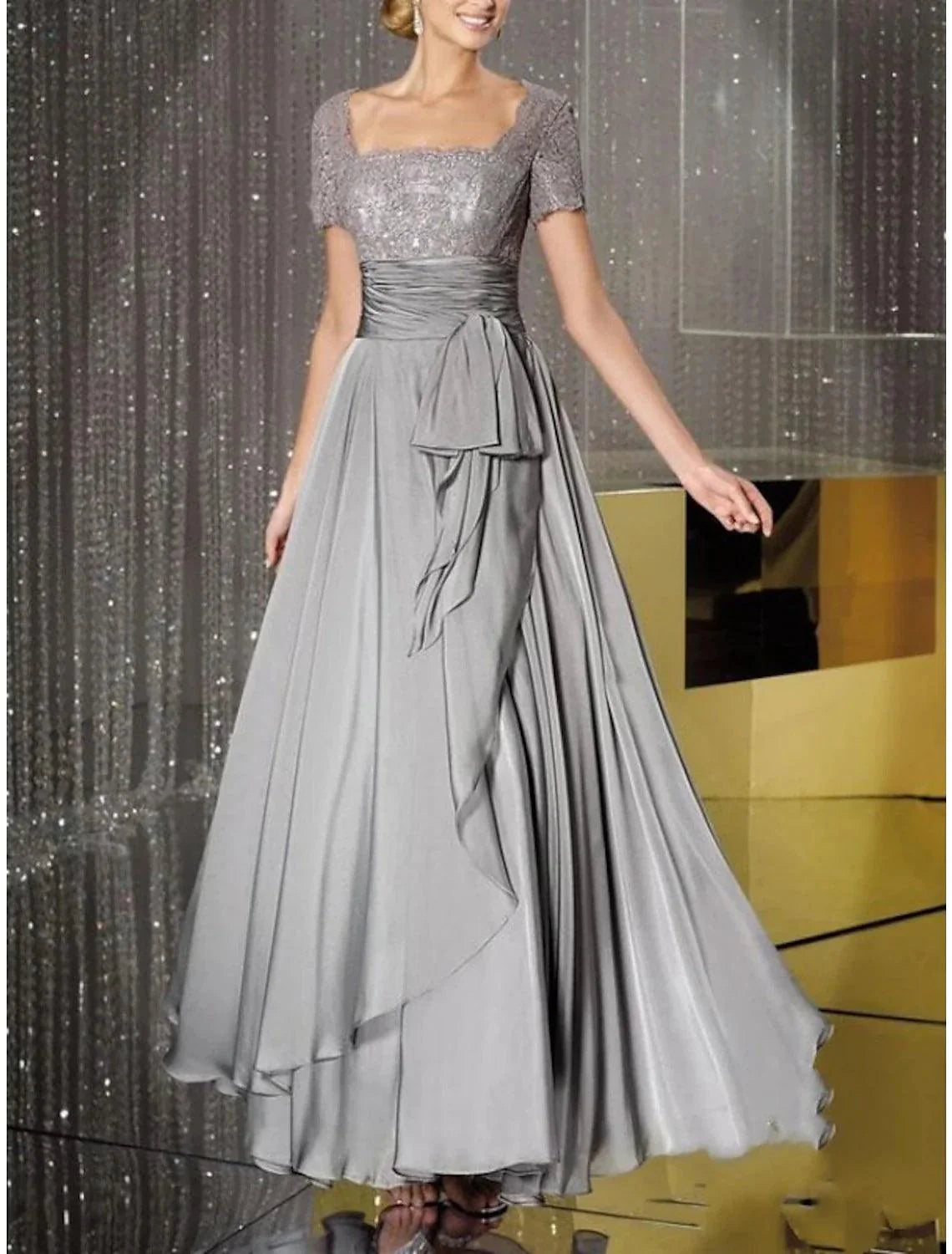 Vestido/coluna de corte direito para mãe da noiva, convidada de casamento, elegante, com brilho e decote quadrado, comprimento até ao chão, chiffon, renda, manga curta com faixa/fita, pregas