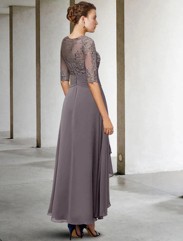Kleid für die Mutter der Braut, Hochzeitsgast, elegant, Übergröße, hoch, niedrig, V-Ausschnitt, asymmetrisch, knöchellang, Chiffon, Spitze, halbe Ärmel mit Perlen