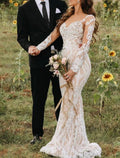 Robes de mariée bohème formelles pour fiançailles, style sirène/trumpet, encolure illusion, manches longues, traîne balayage/brosse, en dentelle avec appliqués