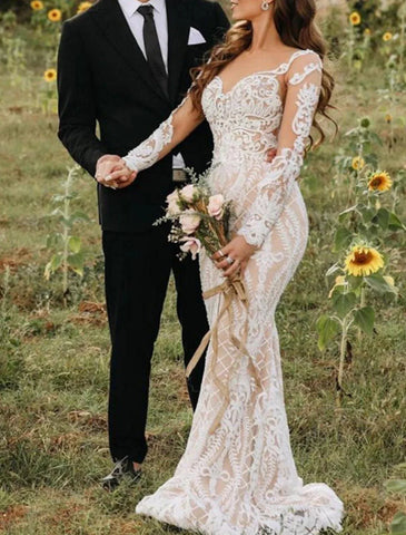 Verlobungs-formelle Boho-Brautkleider Trompeten-/Meerjungfrauenkleider Illusionsausschnitt Langarm Pinselschleppe Spitzen-Brautkleider mit Applikationen