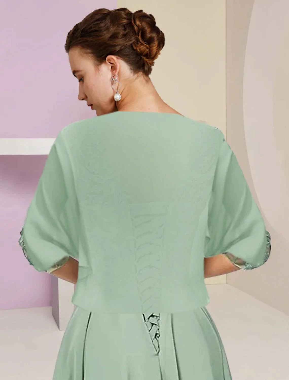 Vestido de mãe da noiva em duas peças, corte A, formal, para convidada de casamento, elegante, decote redondo, assimétrico, comprimento chá, chiffon, renda, meia manga, com aplicações de missangas