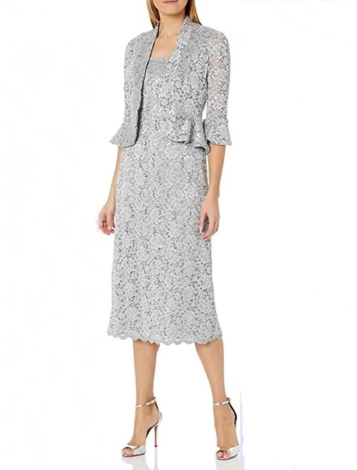 Vestido de duas peças para mãe da noiva, convidada de casamento, minimalista, elegante, decote redondo, comprimento chá, renda, manga 3/4, com racha frontal