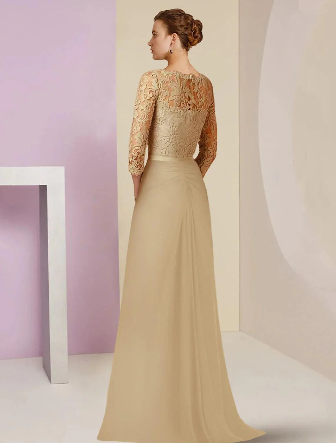 Vestido tubinho/coluna para mãe da noiva, festa formal para convidados de casamento, elegante, decote redondo, comprimento até ao chão, chiffon, renda, manga 3/4 com laço(s), aplicações