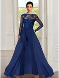Combinaison / Tailleur Robe de la Mère de la Mariée Invitée de Mariage Élégant Col Ras du Cou Longueur Sol Stretch Chiffon Manches Longues avec Ruche Couleur Unie
