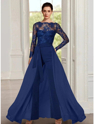 Jumpsuit/Hosenanzug, Kleid für die Mutter der Braut, Hochzeitsgast, elegant, Rundhalsausschnitt, bodenlang, Stretch-Chiffon, lange Ärmel mit Rüschen, einfarbig