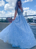 Light Blue Long A-line Deep V Neck Tulle Lace Prom Dress with Pockets