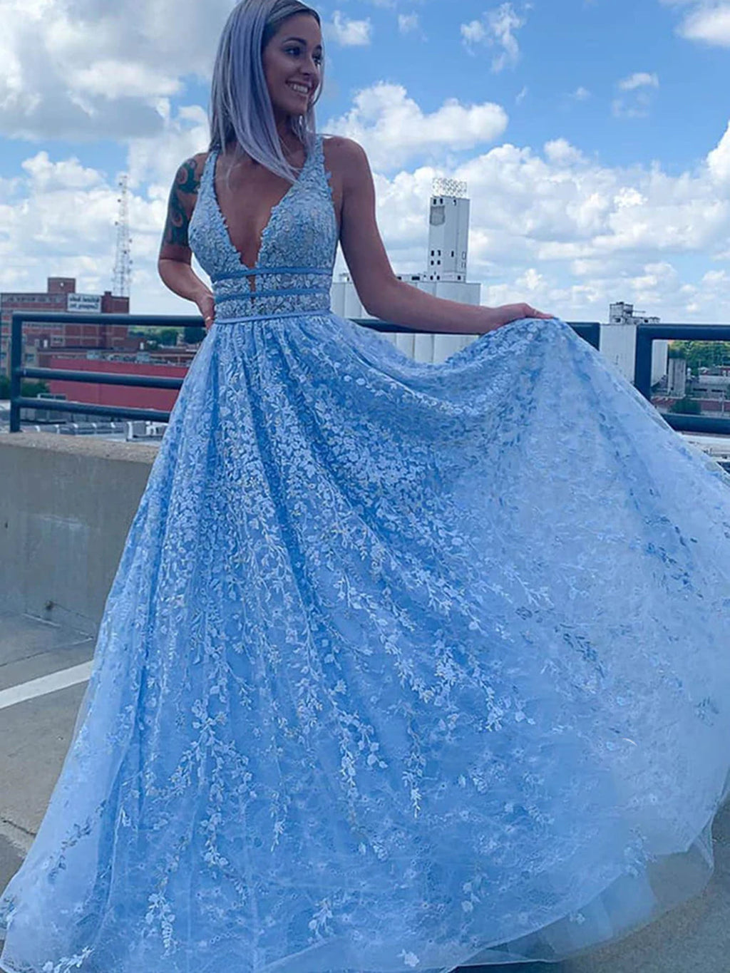 Light Blue Long A-line Deep V Neck Tulle Lace Prom Dress with Pockets