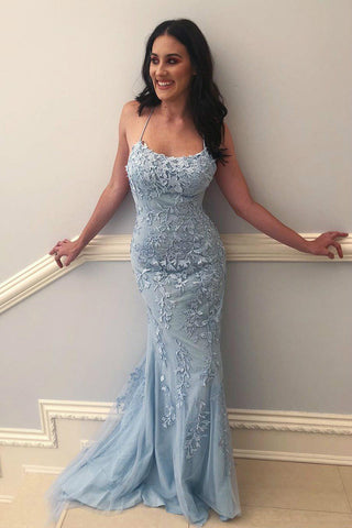 Light Blue Long Lace Open Back Mermaid Prom Dress